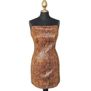 H:ours Revolve Mini Dress Strapless Faux Suede Snake Print Brown Size Medium